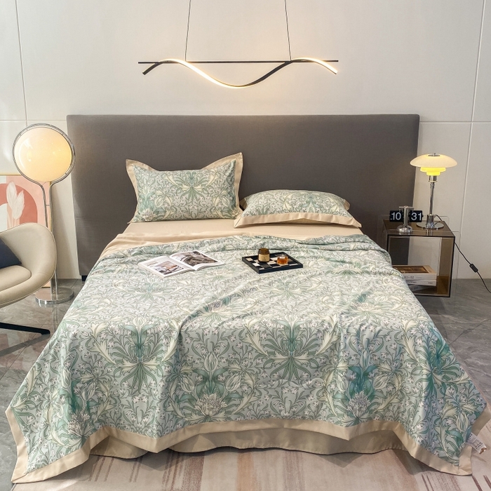 91家纺网 家纺一手货源 找家纺 棉生活 2023新款3M贡缎工艺天丝夏被四件套 洛丽塔 绿