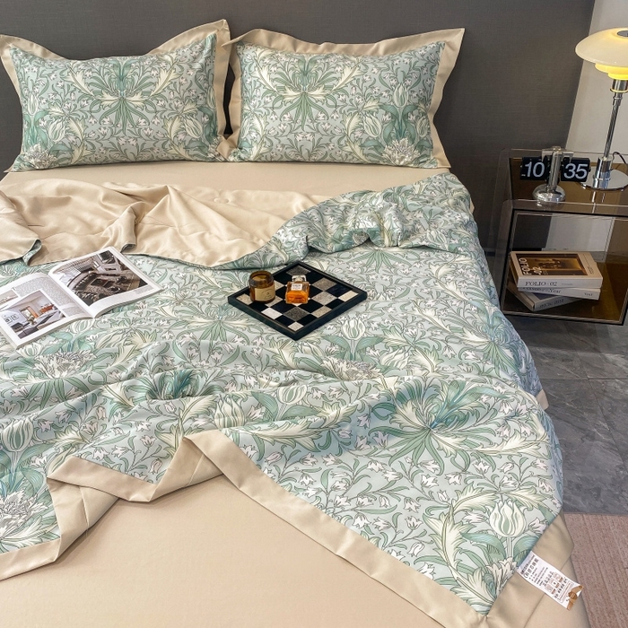 91家纺网 家纺一手货源 找家纺 棉生活 2023新款3M贡缎工艺天丝夏被四件套 洛丽塔 绿
