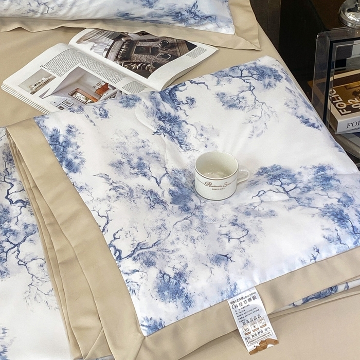 91家纺网 家纺一手货源 找家纺 棉生活 2023新款3M贡缎工艺天丝夏被四件套 墨林 蓝