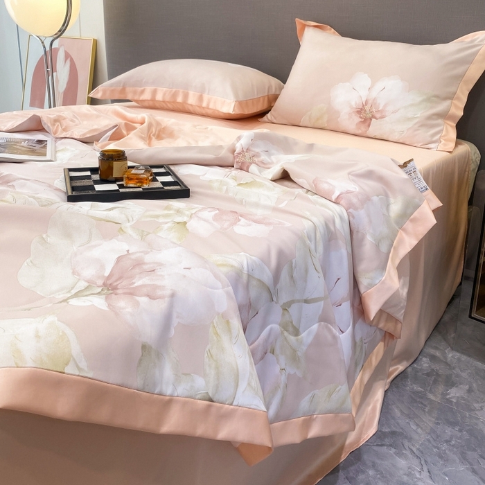 91家纺网 家纺一手货源 找家纺 棉生活 2023新款3M贡缎工艺天丝夏被四件套 香蜜 粉