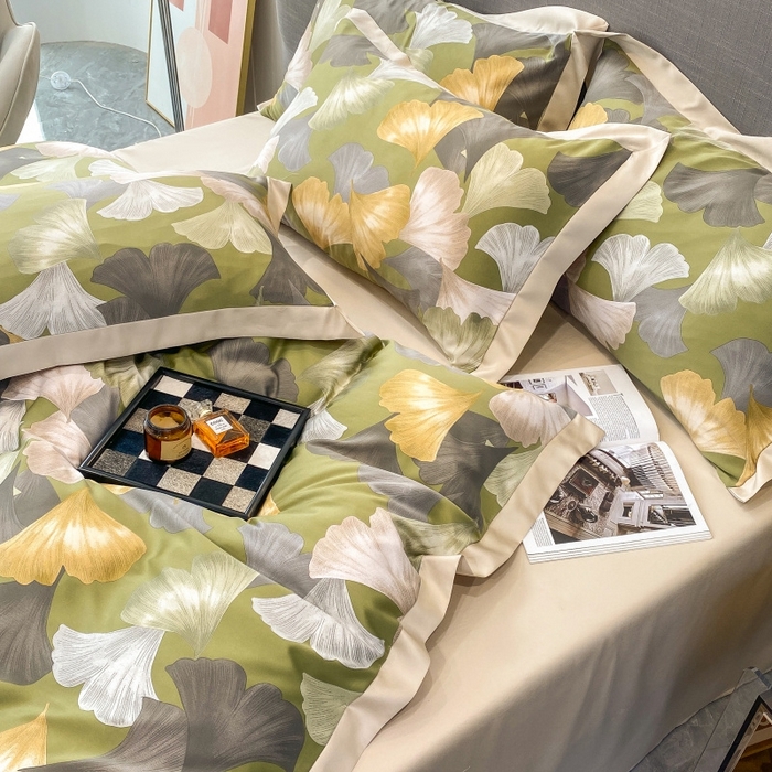 91家纺网 家纺一手货源 找家纺 棉生活 2023新款3M贡缎工艺天丝夏被四件套 银杏叶 绿