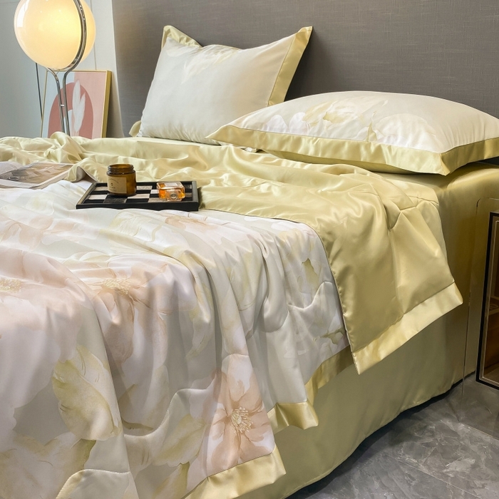 91家纺网 家纺一手货源 找家纺 棉生活 2023新款3M贡缎工艺天丝夏被四件套 香蜜 绿