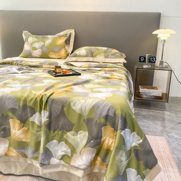 91家纺网 家纺一手货源 找家纺 棉生活 2023新款3M贡缎工艺天丝夏被四件套 银杏叶 绿