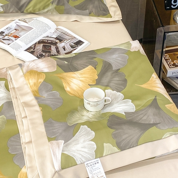 91家纺网 家纺一手货源 找家纺 棉生活 2023新款3M贡缎工艺天丝夏被四件套 银杏叶 绿