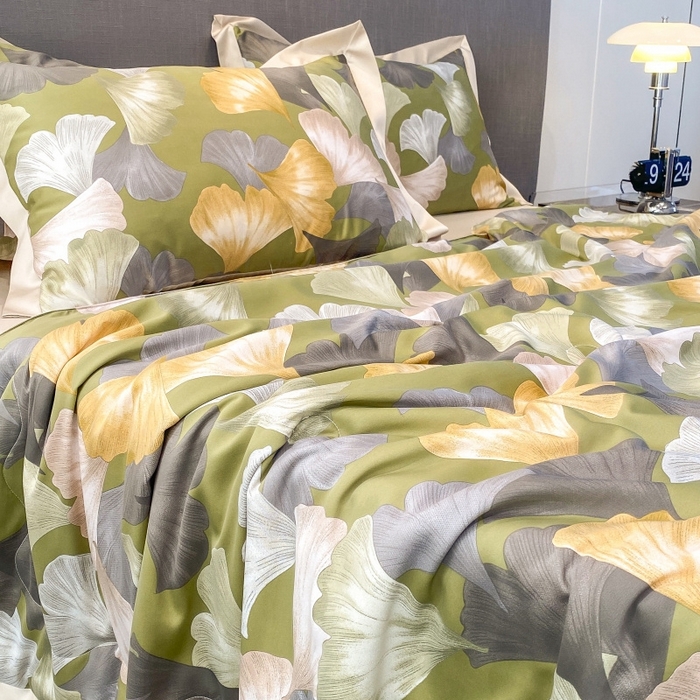 91家纺网 家纺一手货源 找家纺 棉生活 2023新款3M贡缎工艺天丝夏被四件套 银杏叶 绿