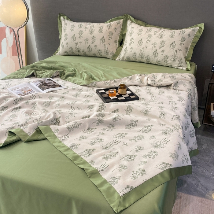 91家纺网 家纺一手货源 找家纺 棉生活 2023新款3M贡缎工艺天丝夏被四件套 枝蔓 绿