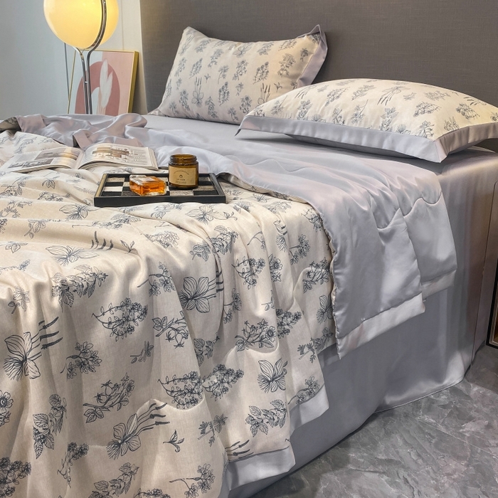 91家纺网 家纺一手货源 找家纺 棉生活 2023新款3M贡缎工艺天丝夏被四件套 枝蔓 灰