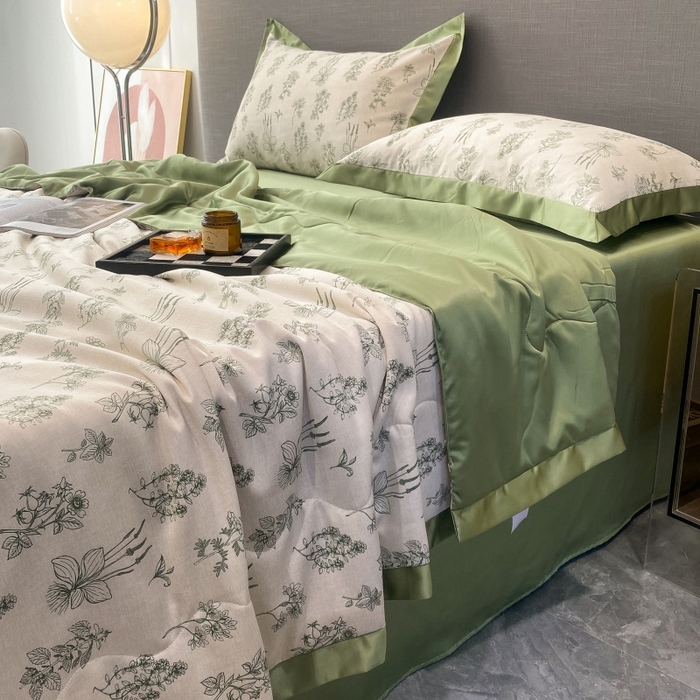 91家纺网 家纺一手货源 找家纺 棉生活 2023新款3M贡缎工艺天丝夏被四件套 枝蔓 绿