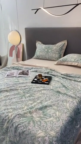 91家纺网 家纺一手货源 找家纺 棉生活 2023新款3M贡缎工艺天丝夏被四件套 洛丽塔 绿