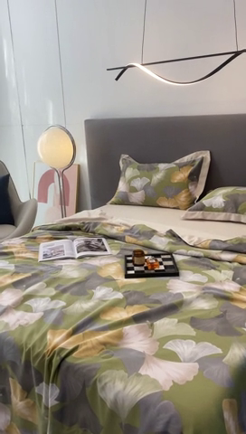 91家纺网 家纺一手货源 找家纺 棉生活 2023新款3M贡缎工艺天丝夏被四件套 银杏叶 绿