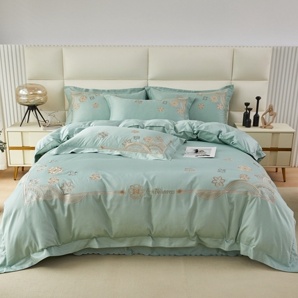 91家纺网 家纺一手货源 找家纺 星尚 2023新款100支长绒棉绣花四件套-慕颜 薄荷绿