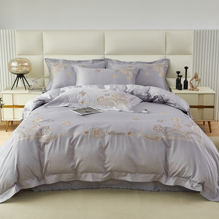 91家纺网 家纺一手货源 找家纺 星尚 2023新款100支长绒棉绣花四件套-慕颜 绅士灰