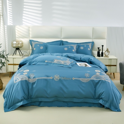 91家纺网 家纺一手货源 找家纺 星尚 2023新款100支长绒棉绣花四件套-慕颜 梦之蓝