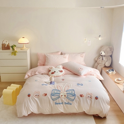 眠屿2023新款全棉水洗棉毛巾绣四件套 蝴蝶兔兔