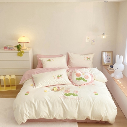 眠屿2023新款全棉水洗棉毛巾绣四件套 郁金香-粉