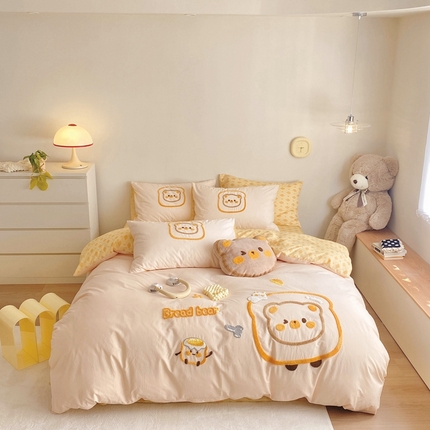 眠屿2023新款全棉水洗棉毛巾绣四件套 面包熊