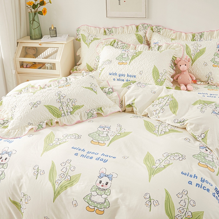 91家纺网 家纺一手货源 找家纺 宜凡 2023新款全棉印花床笠四件套 含羞兔