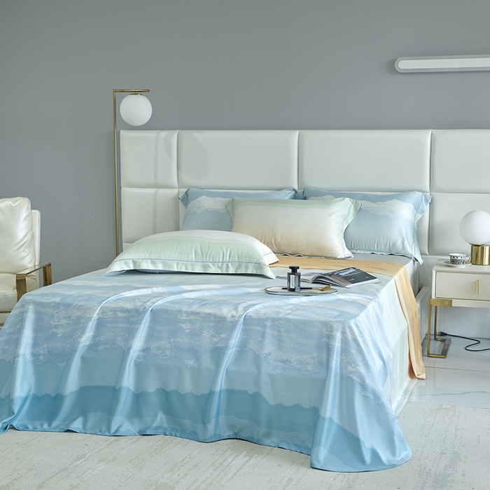 91家纺网 家纺一手货源 找家纺 时亿 2023新款竹纤维天丝软凉席三件套 清风年华 蓝