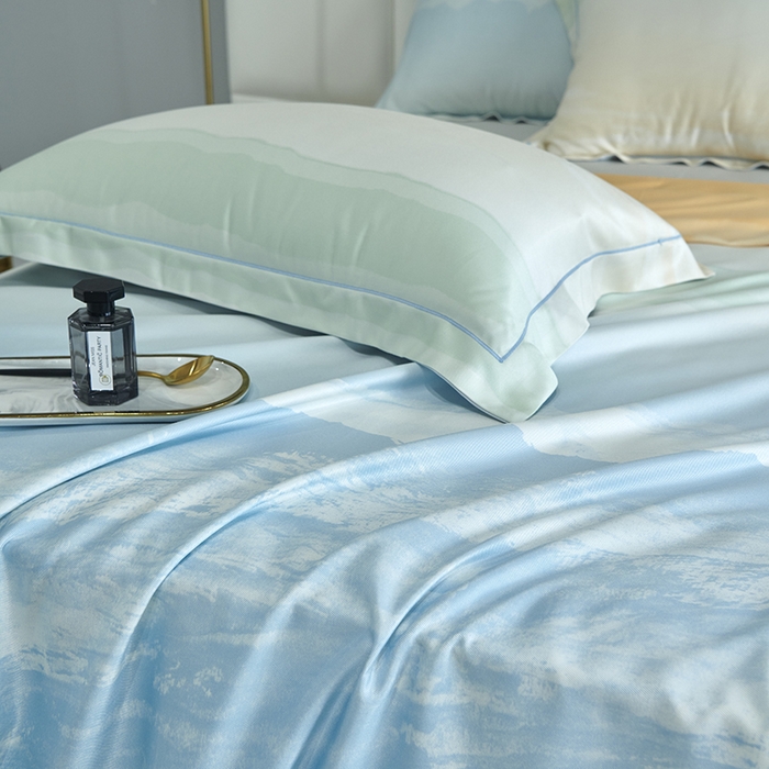 91家纺网 家纺一手货源 找家纺 时亿 2023新款竹纤维天丝软凉席三件套 清风年华 蓝