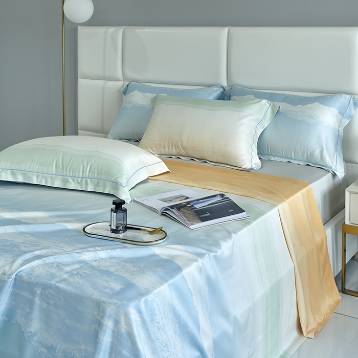 91家纺网 家纺一手货源 找家纺 时亿 2023新款竹纤维天丝软凉席三件套 清风年华 蓝