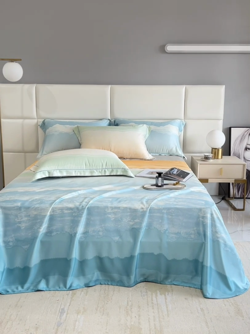 91家纺网 家纺一手货源 找家纺 时亿 2023新款竹纤维天丝软凉席三件套 清风年华 蓝