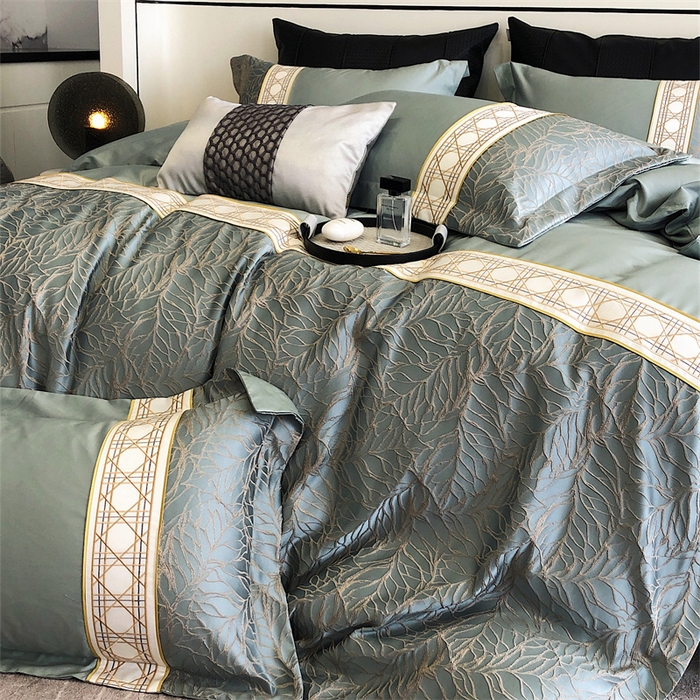 91家纺网 家纺一手货源 找家纺 罗优2025新款罗浮宫印象高精密浮雕高支长绒棉四件套金枝玉叶星海蓝