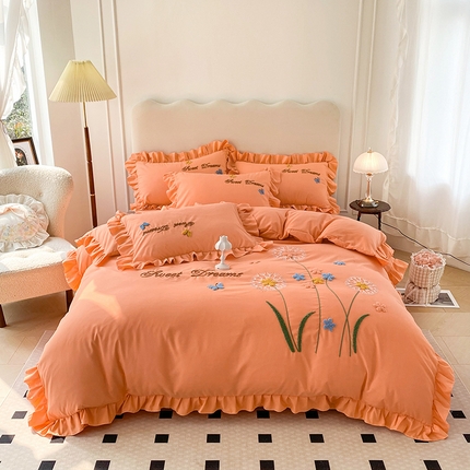 唐人居 2025新款水洗棉麻刺绣四件套-春意 橙色