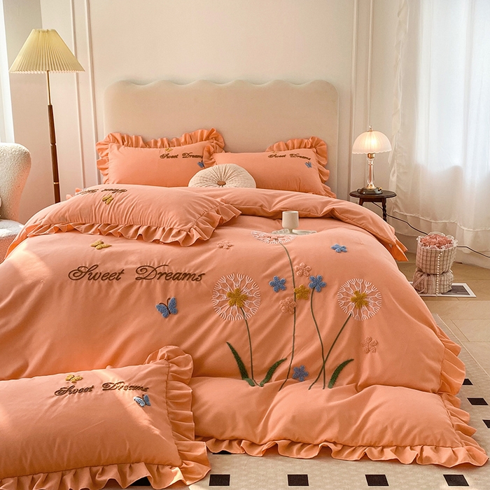 91家纺网 家纺一手货源 找家纺 唐人居 2025新款水洗棉麻刺绣四件套-春意 橙色