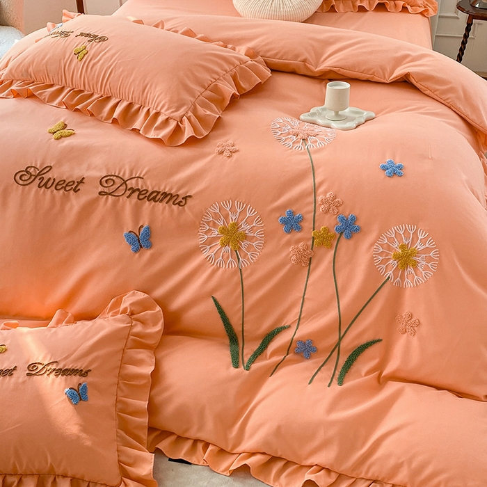 91家纺网 家纺一手货源 找家纺 唐人居 2025新款水洗棉麻刺绣四件套-春意 橙色