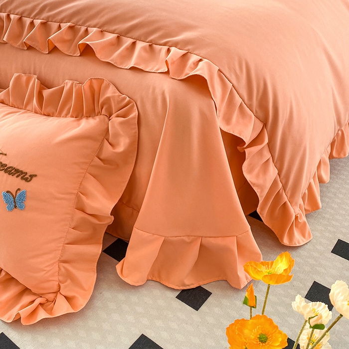 91家纺网 家纺一手货源 找家纺 唐人居 2025新款水洗棉麻刺绣四件套-春意 橙色