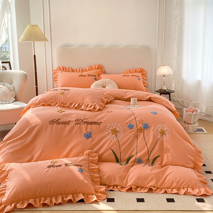 91家纺网 家纺一手货源 找家纺 唐人居 2025新款水洗棉麻刺绣四件套-春意 橙色