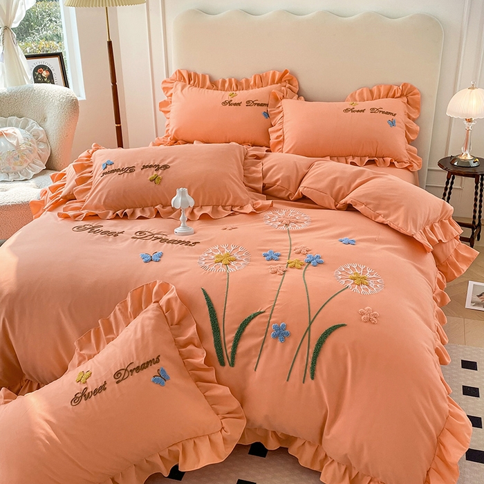 91家纺网 家纺一手货源 找家纺 唐人居 2025新款水洗棉麻刺绣四件套-春意 橙色