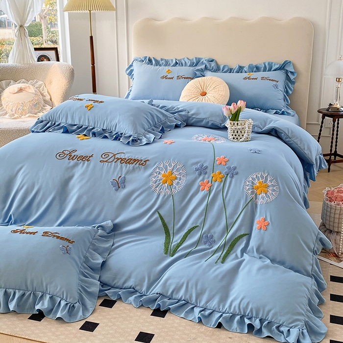 91家纺网 家纺一手货源 找家纺 唐人居 2025新款水洗棉麻刺绣四件套-春意 蓝色