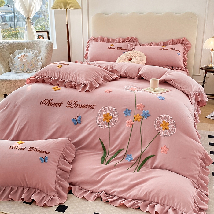 91家纺网 家纺一手货源 找家纺 唐人居 2025新款水洗棉麻刺绣四件套-春意 豆沙