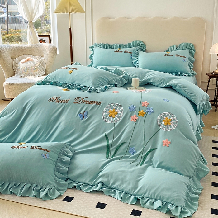 91家纺网 家纺一手货源 找家纺 唐人居 2025新款水洗棉麻刺绣四件套-春意 湖兰