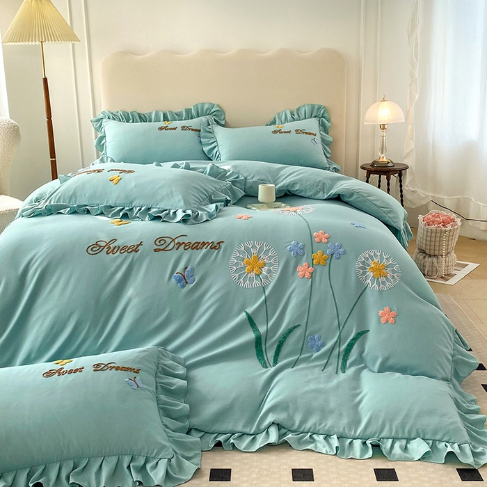 91家纺网 家纺一手货源 找家纺 唐人居 2025新款水洗棉麻刺绣四件套-春意 湖兰