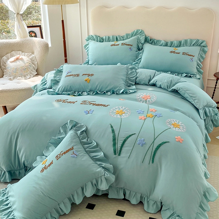 91家纺网 家纺一手货源 找家纺 唐人居 2025新款水洗棉麻刺绣四件套-春意 湖兰