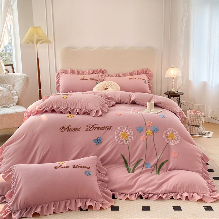 91家纺网 家纺一手货源 找家纺 唐人居 2025新款水洗棉麻刺绣四件套-春意 豆沙