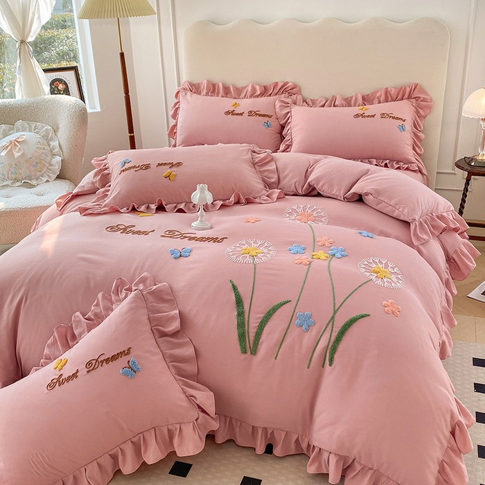 91家纺网 家纺一手货源 找家纺 唐人居 2025新款水洗棉麻刺绣四件套-春意 豆沙