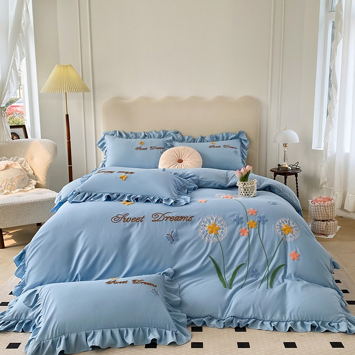 91家纺网 家纺一手货源 找家纺 唐人居 2025新款水洗棉麻刺绣四件套-春意 蓝色