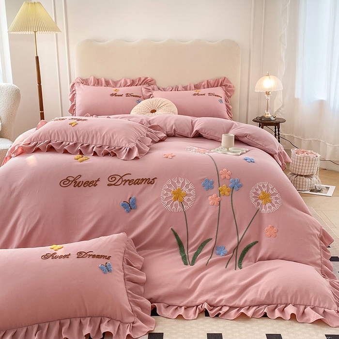 91家纺网 家纺一手货源 找家纺 唐人居 2025新款水洗棉麻刺绣四件套-春意 豆沙