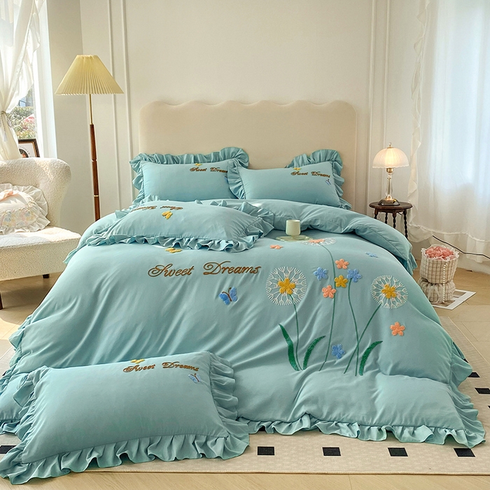 91家纺网 家纺一手货源 找家纺 唐人居 2025新款水洗棉麻刺绣四件套-春意 湖兰