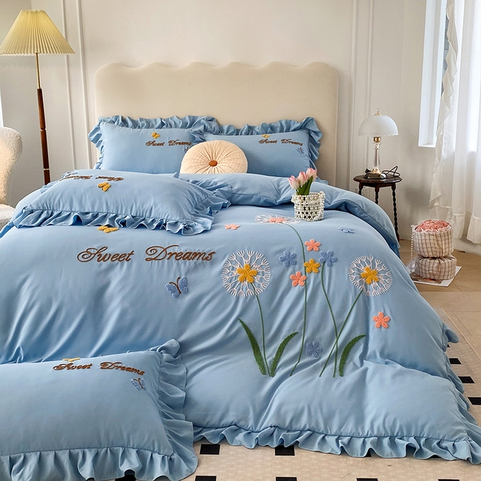 91家纺网 家纺一手货源 找家纺 唐人居 2025新款水洗棉麻刺绣四件套-春意 蓝色