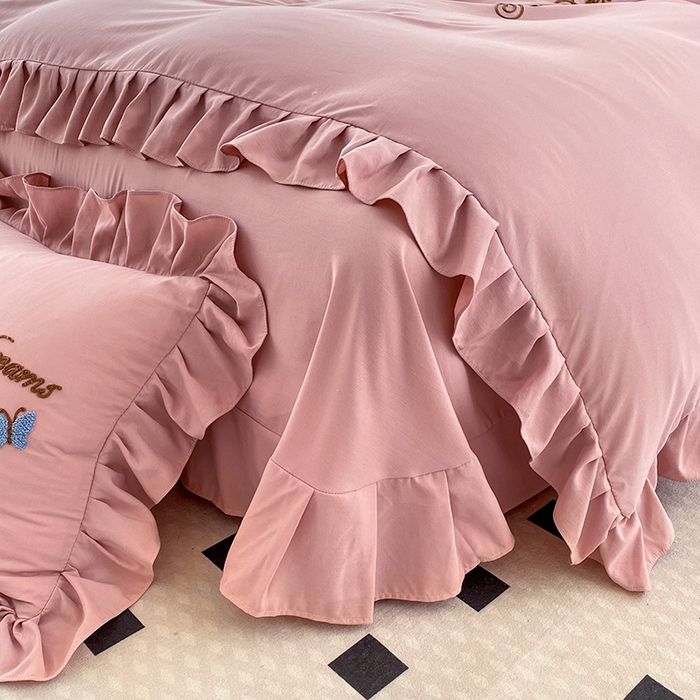 91家纺网 家纺一手货源 找家纺 唐人居 2025新款水洗棉麻刺绣四件套-春意 豆沙