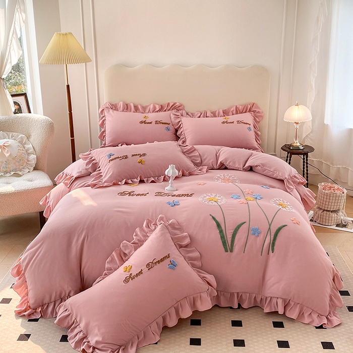 91家纺网 家纺一手货源 找家纺 唐人居 2025新款水洗棉麻刺绣四件套-春意 豆沙