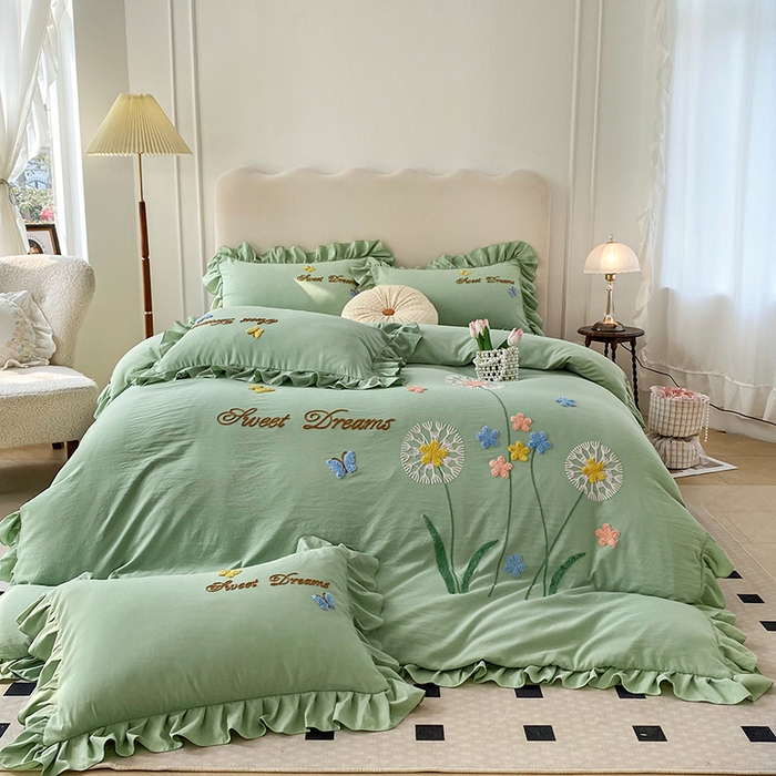 91家纺网 家纺一手货源 找家纺 唐人居 2025新款水洗棉麻刺绣四件套-春意 绿色