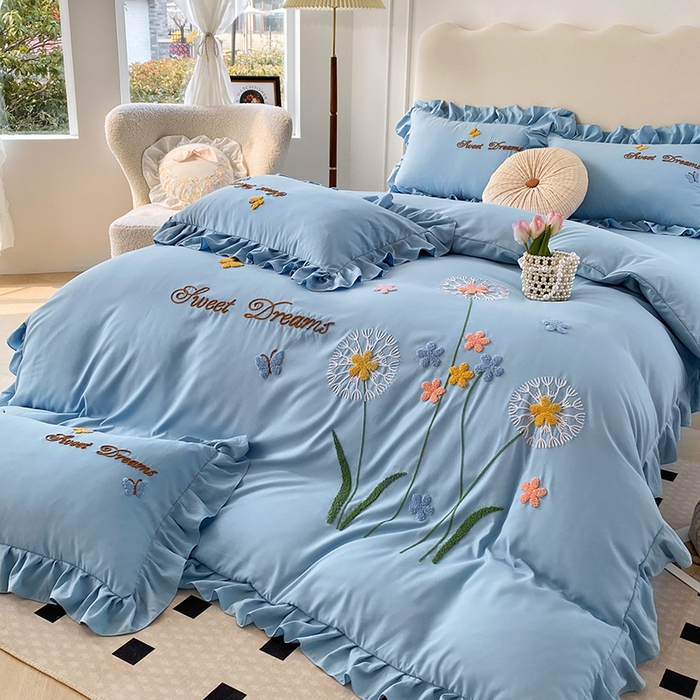 91家纺网 家纺一手货源 找家纺 唐人居 2025新款水洗棉麻刺绣四件套-春意 蓝色