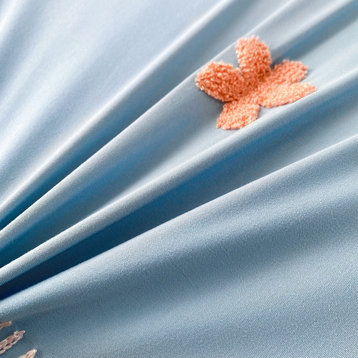 91家纺网 家纺一手货源 找家纺 唐人居 2025新款水洗棉麻刺绣四件套-春意 蓝色