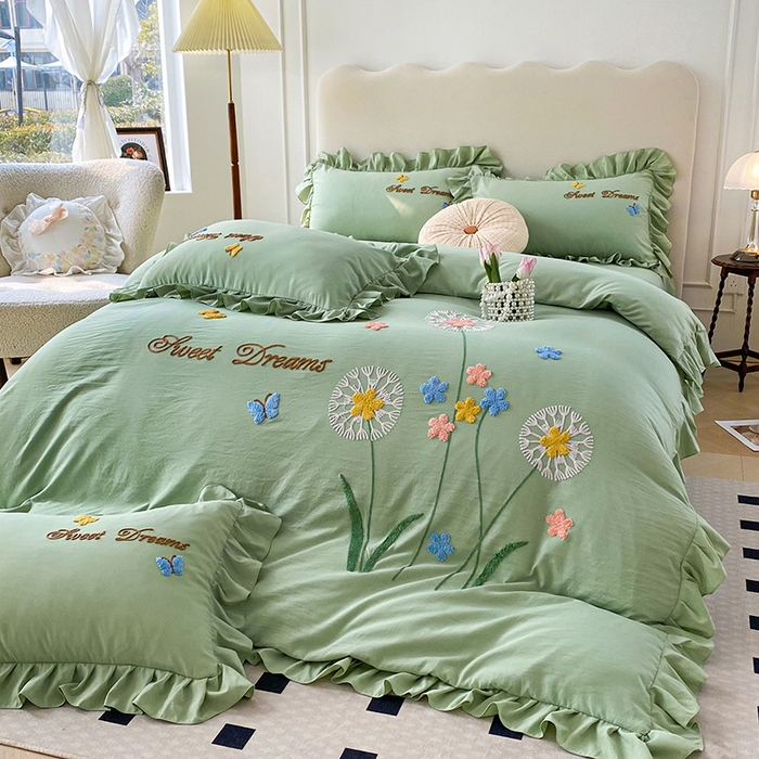 91家纺网 家纺一手货源 找家纺 唐人居 2025新款水洗棉麻刺绣四件套-春意 绿色