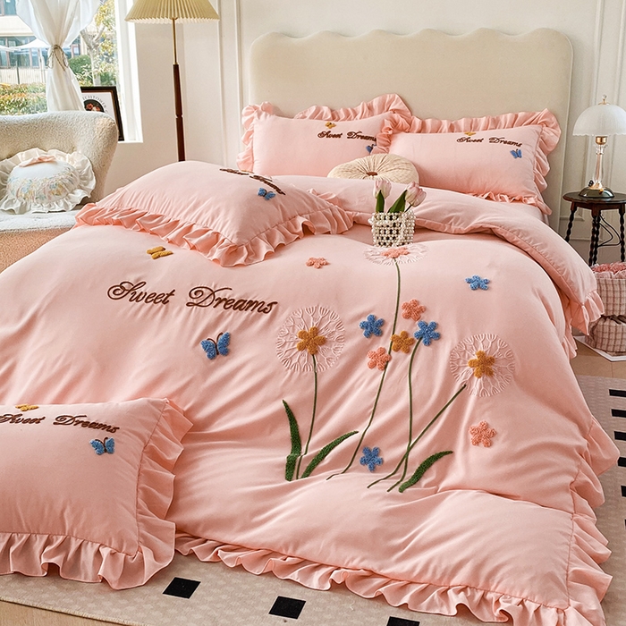 91家纺网 家纺一手货源 找家纺 唐人居 2025新款水洗棉麻刺绣四件套-春意 玉色